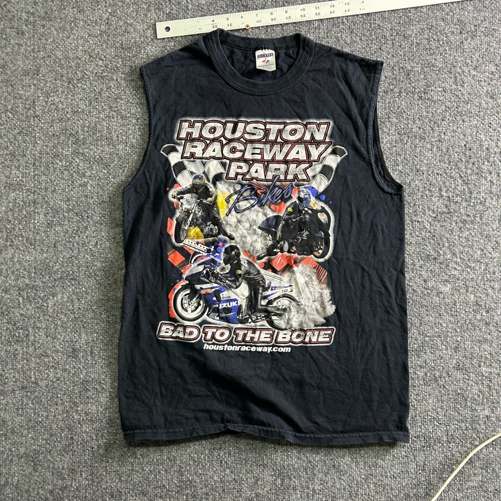 Jerzees Tank Top Mens Size M Black Cotton Houston Raceway Park Biker Graphic Tee